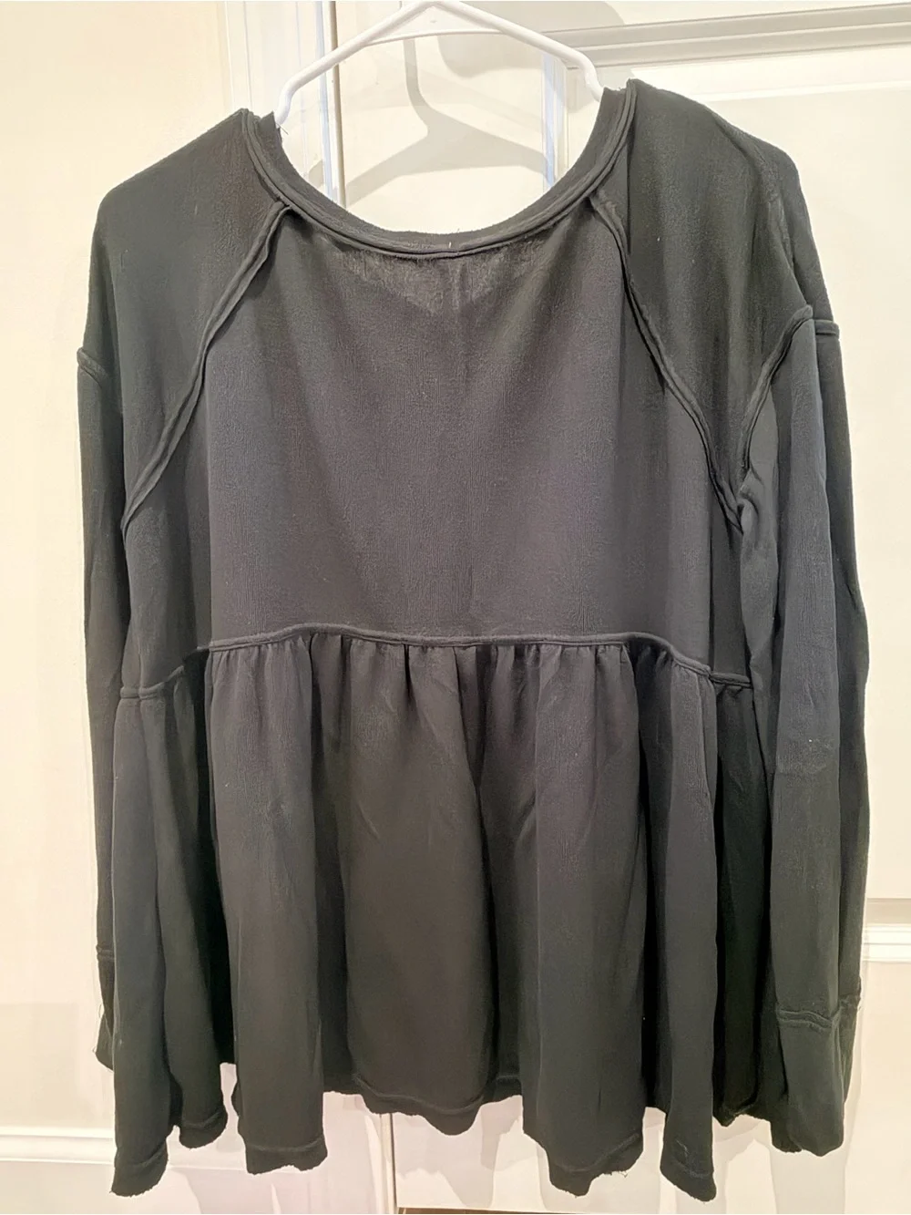 Free People-Black Smocked Peplum Long-Sleeve Top